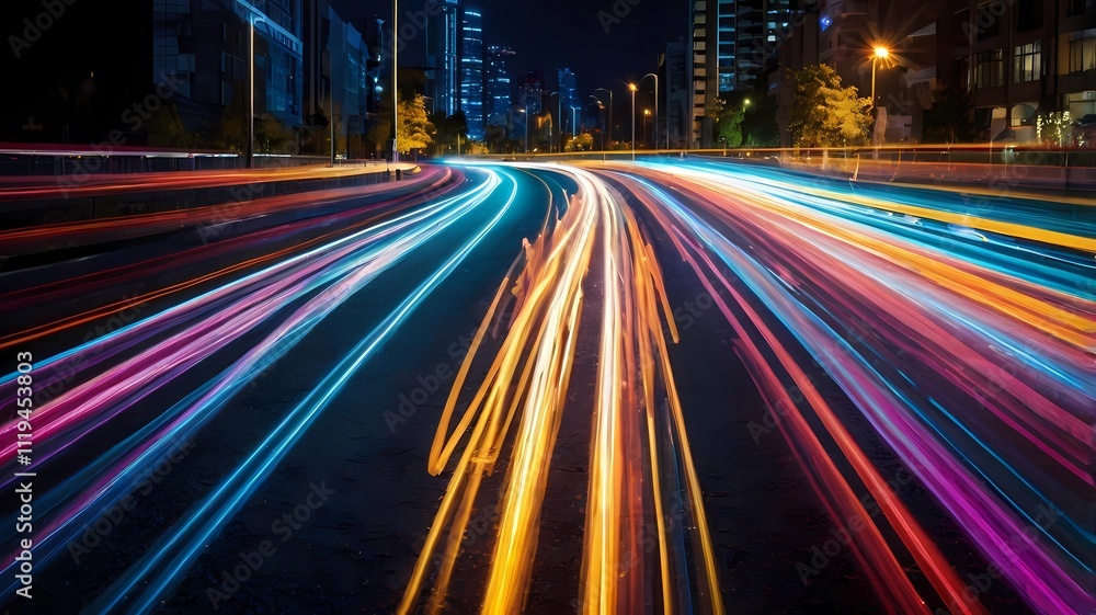 Poster blurred image of colorful light trails with motion blur effect, long time exposure. isolated on back