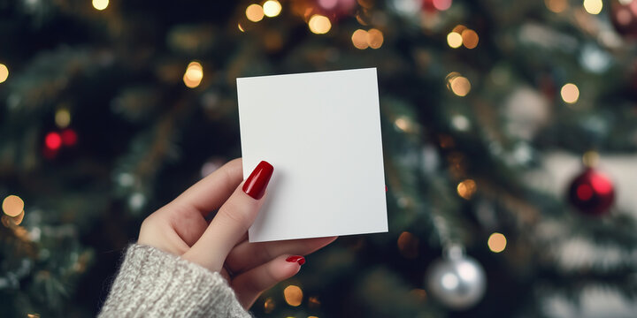 Biglietto di auguri bianco tenuto in mano da una donna. Sfondo sfocato di Natale. Spazio per testo o messaggio.