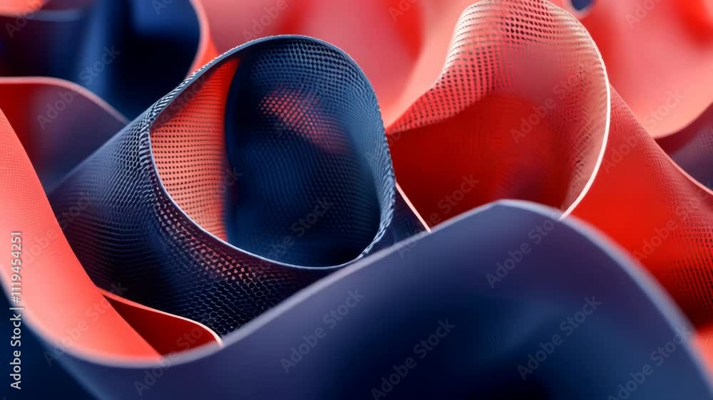 Poster textured patterns of interwoven red and blue fabric in a vibrant display of color and design