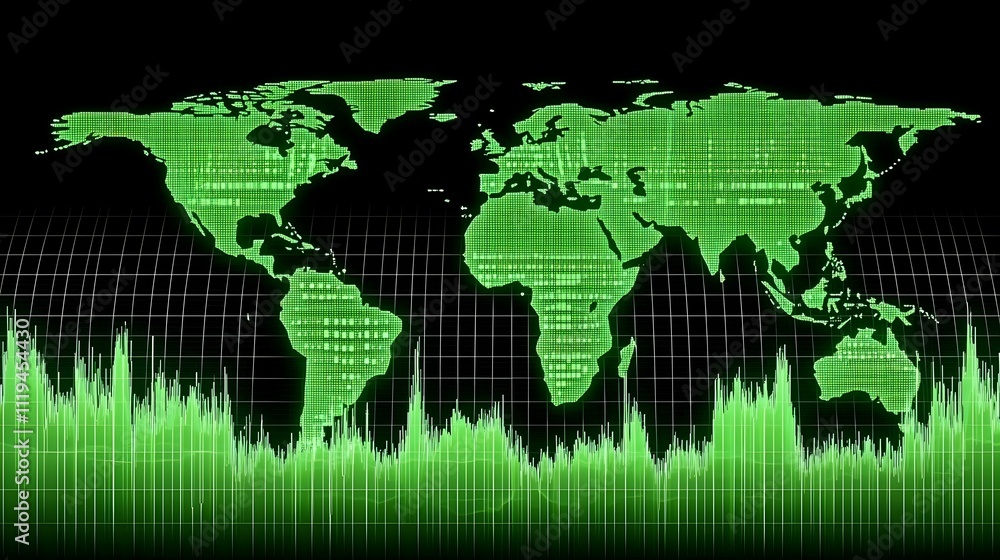 Poster digital world map with green data flow. global network, technology, and finance concept.