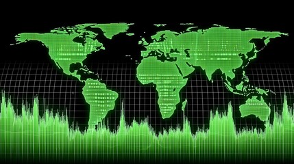 Obraz premium Digital world map with green data flow. Global network, technology, and finance concept.