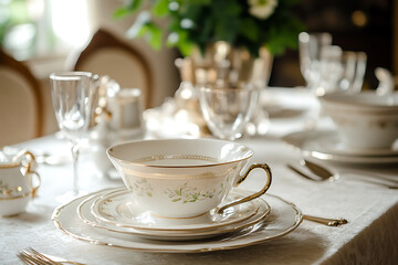 Fototapeta premium A set of elegant tableware on a dining table,