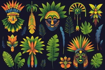 Fototapeta premium A collection of elements conveying a bright and energetic atmosphere of Brazilian culture, featuring colorful carnival masks, vibrant feathers, samba dancers in motion