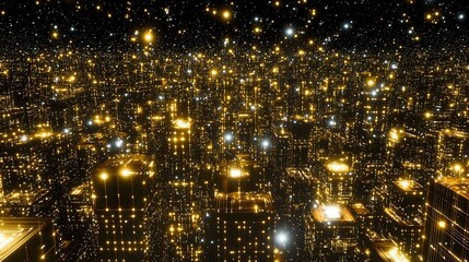 Golden futuristic city lightscape. Abstract background of glowing cubes and lines. Perfect for technology, science fiction, or fantasy themes.
