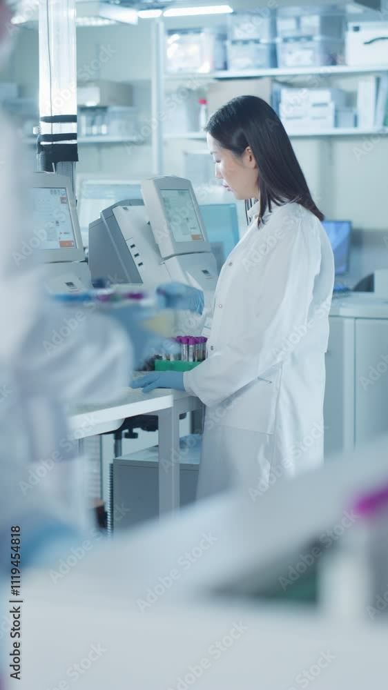 Poster vertical screen: diverse team working in a clinical laboratory. focus on an asian biomedical scienti