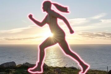 Fototapeta premium A woman running on a beach with the sun shining on her