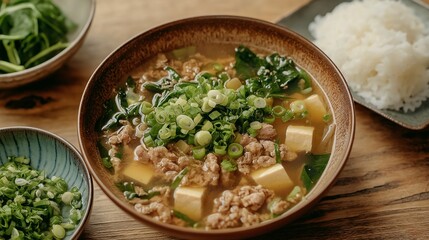A hearty bowl of soup with ground meat, tofu, and greens, served alongside rice and fresh herbs, showcasing a comforting and nutritious meal.