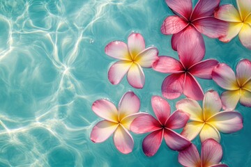 Fototapeta premium A photograph of pink and yellow frangipani flowers floating in turquoise water
