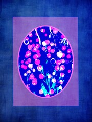 blue textured background purple pink frame blue with pink flowers with copy space 