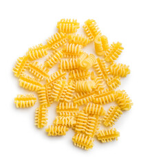 Uncooked italian pasta. Radiatori pasta isolated on white background.