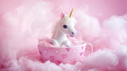 Enchanting Baby Unicorn in Teacup with Heart Patterns and Pastel Steam
