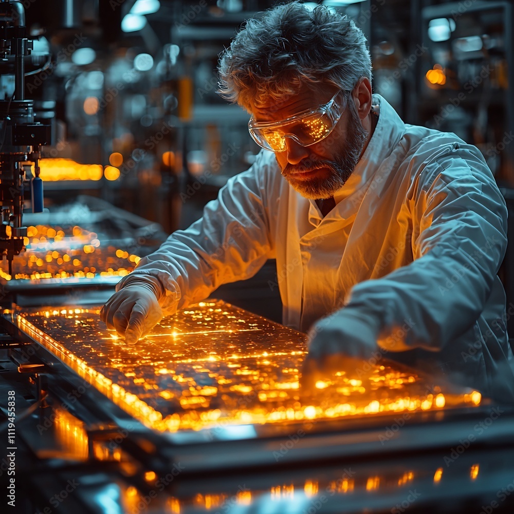 Poster scientist developing advanced solar panel materials with holographic prototypes in lab