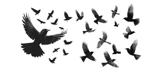 Obraz premium Group of black birds in flight minimalist illustration isolated on transparent background