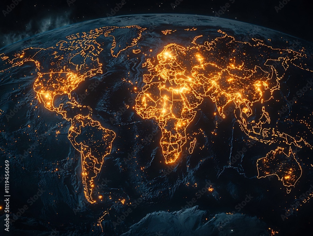 Poster a global map of interconnected renewable energy grids across continents with glowing transmission li