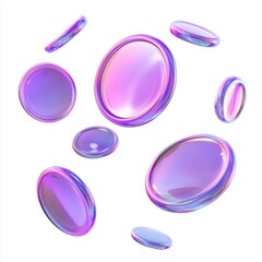 set of flying purple coins fluid holographic Iridescent 3d render icon isolated on white background
