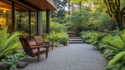 Obraz premium Contemporary patio with clean wooden seating, rich fern growth, and gravel walkways adding a touch of modern elegance to nature