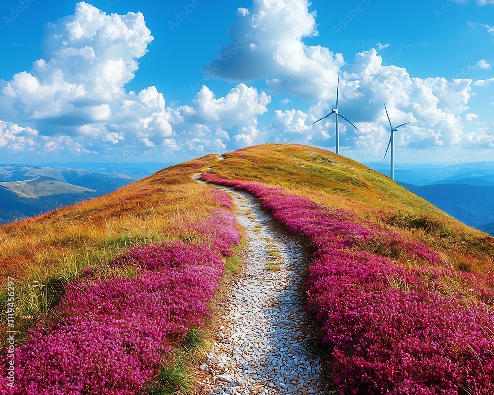 Poster wind turbines sunset field with engineers utilizing augmented reality for performance monitoring and