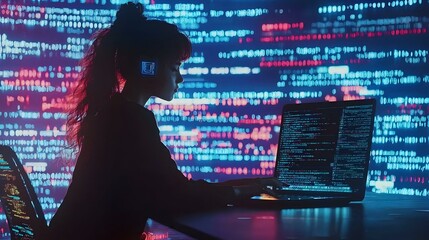Silhouette of a female programmer coding late at night, illuminated by colorful code on a screen.  Cyberpunk aesthetic.