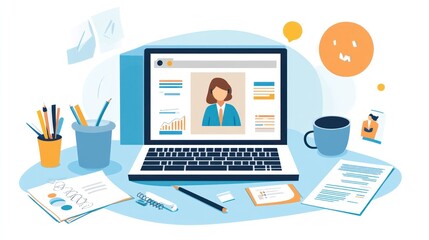 Naklejka premium Online Businesswoman Working From Home Office Desk