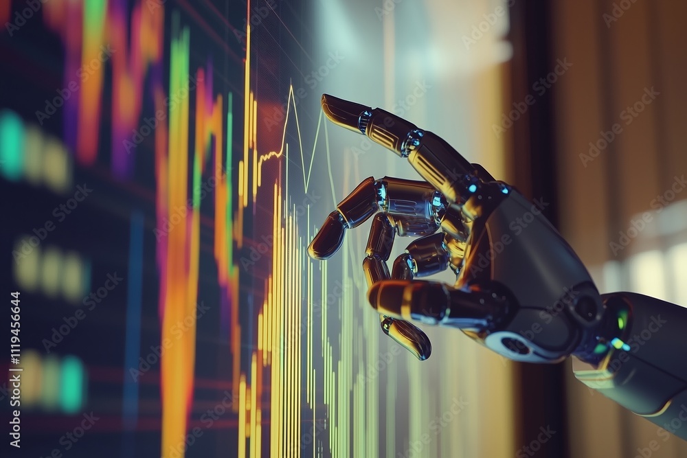 Poster the robot analyzes graphs. artificial intelligence, hand pointing to graph, chart