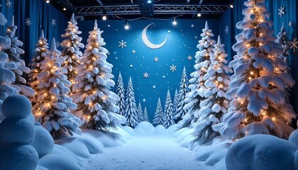Winter wonderland photo booth with snowy trees and festive lights under a starry blue sky
