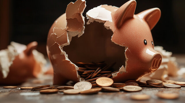Broken piggy bank with coins scattered around, symbolizing financial struggle and the need for careful budgeting and saving.