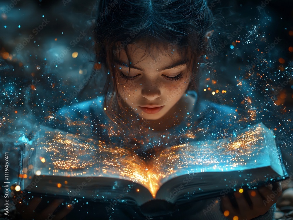 Poster student reading holographic book with transforming words and floating symbols