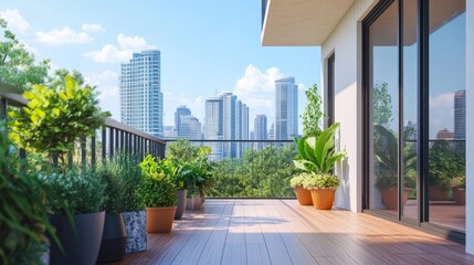 Obraz premium Modern balcony design with smooth wooden floors, vibrant plants in angular pots, and a striking urban skyline in the distance