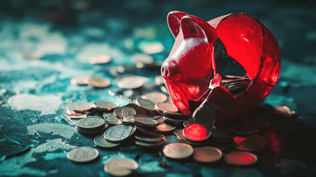 Broken piggy bank with coins scattered around, symbolizing financial struggle and the need for careful budgeting and saving.