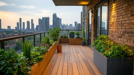Naklejka premium Modern balcony retreat with warm wooden floors, geometric greenery displays, and a stunning city skyline as a peaceful backdrop