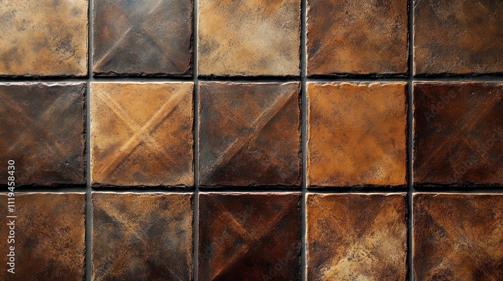 Poster a textured surface of brown tiles arranged in a grid pattern.