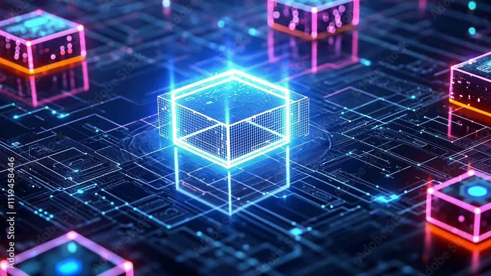 Aufkleber cybernetic cube: glowing neon cubes on a futuristic circuit board. a captivating image representing 