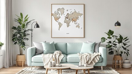 Stylish scandinavian living room interior with design mint sofa, furnitures, mock up poster map, plants, and elegant personal accessories. Home decor