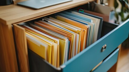 Open drawer organizing files with laptop on desk in home office