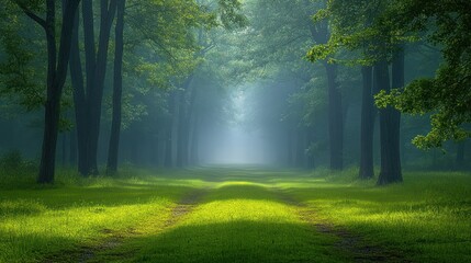 Misty forest path with sunlit grass.