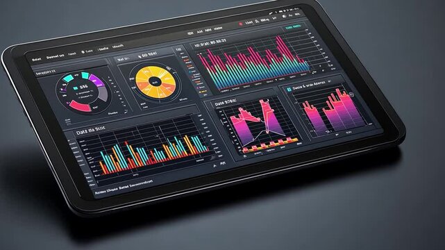 Data Visualization on Tablet: A modern tablet displays a comprehensive data visualization dashboard, showcasing key performance indicators, charts, and graphs.
