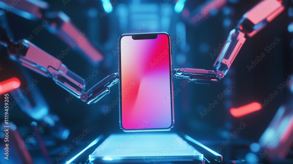 Poster floating smartphone held by robotic arms in a futuristic lab during a tech demonstration
