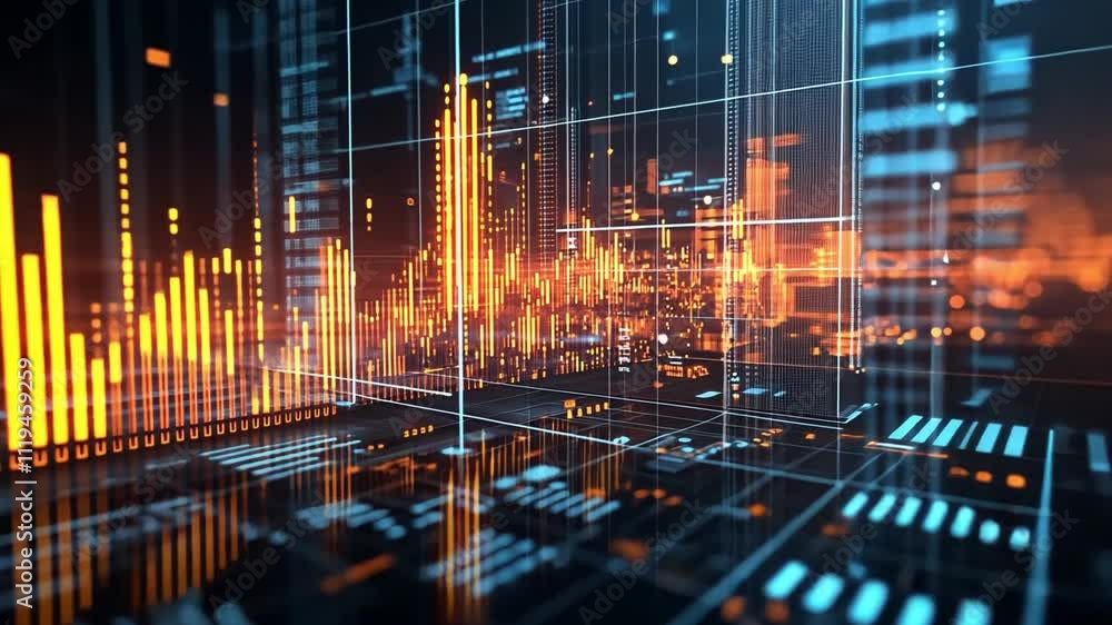 Poster data city: a futuristic abstract visualization of data flow and connectivity, with glowing lines and