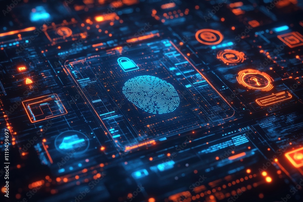 Poster futuristic biometric security interface with fingerprint and digital lock