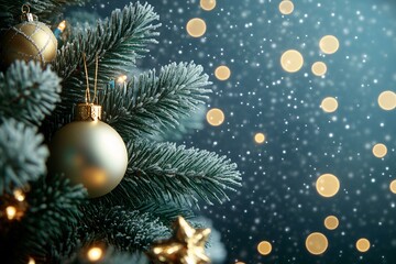 Gold Christmas Ornament on Snowy Fir Branch with Bokeh Lights