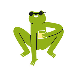 Obraz premium Funny frog holding lemonade glass. Cute happy smiling animal character in sunglasses drinking alcohol beverage, enjoying in humor pose. Comic flat vector illustration isolated on white background