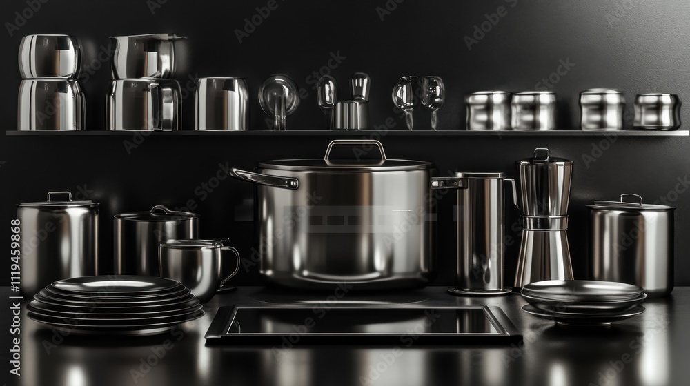 Poster shiny silver metallic setup with smooth controls and minimalist reflective accents in a futuristic t