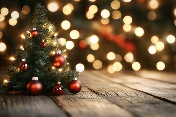 Miniature Christmas Tree with Red Ornaments on Wooden Table