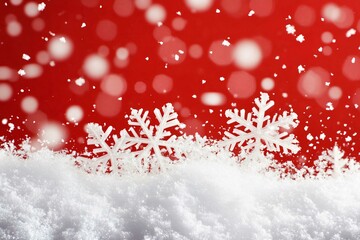 White Snowflakes on Red Background with Snowdrift