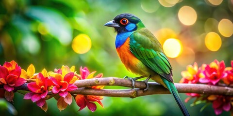 Obraz premium Stunning Bokeh Effect with Vibrant Loritos SI MG in Nature, Capturing the Beauty of Tropical Birds, Colorful Feathers, and Lush Greenery in a Soft Focus Background
