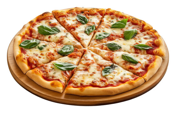 Classic margherita pizza with fresh basil on wooden platter. Italian cuisine and comfort food concept - Powered by Adobe