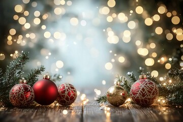 Red and Gold Christmas Baubles on Wooden Table with Bokeh Lights