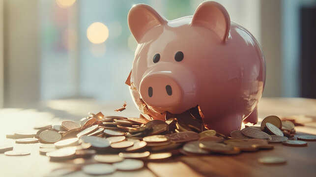 Broken piggy bank with coins scattered around, symbolizing financial struggle and the need for careful budgeting and saving.