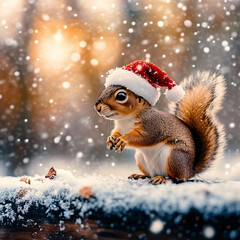 Christmas squirrel wearing santa hat in snowy forest