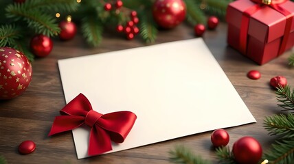 A white Christmas card with a red bow lies on a wooden table surrounded by Christmas decorations.